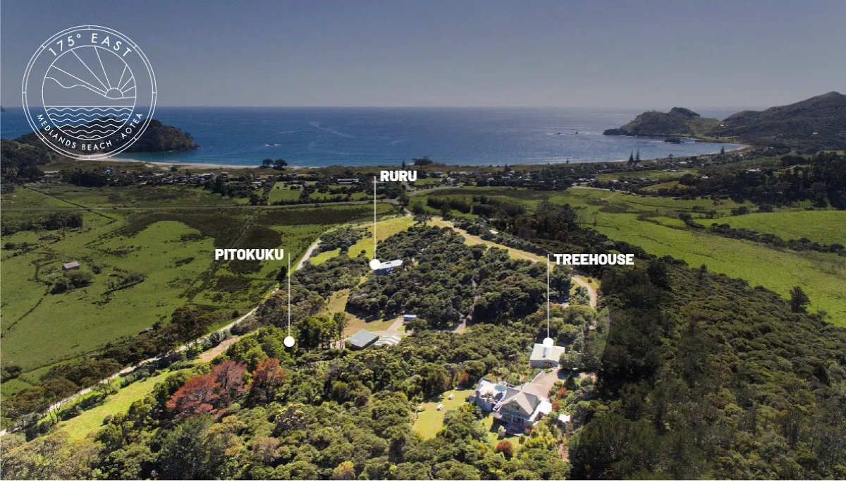 Multiple Houses at 175° East — book two or all three holiday homes, 14 acres, sleeps 25, Medlands Beach Great Barrier Island